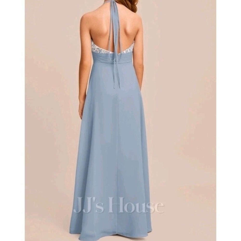 J J House Jr. Bridesmaid Dress A-line Halter Floor-Length Chiffon Lace Dusty Blu - Picture 2 of 8